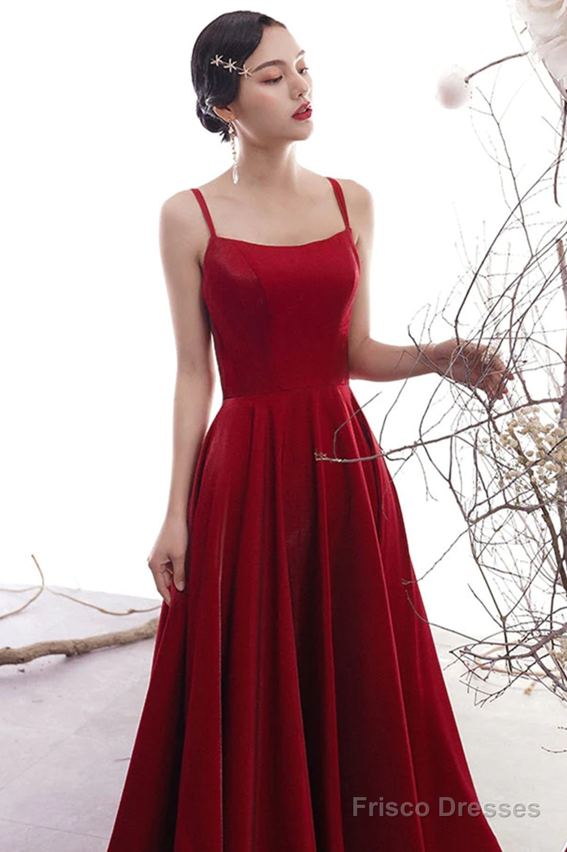 Wine Red Satin Cross Back Long Prom Dress, Wine Red Wedding Party Dress