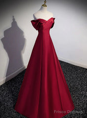 Wine Red Satin Long Party Dress, A-Line Wine Red Satin Prom Dress