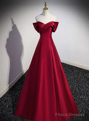 Wine Red Satin Long Party Dress, A-Line Wine Red Satin Prom Dress