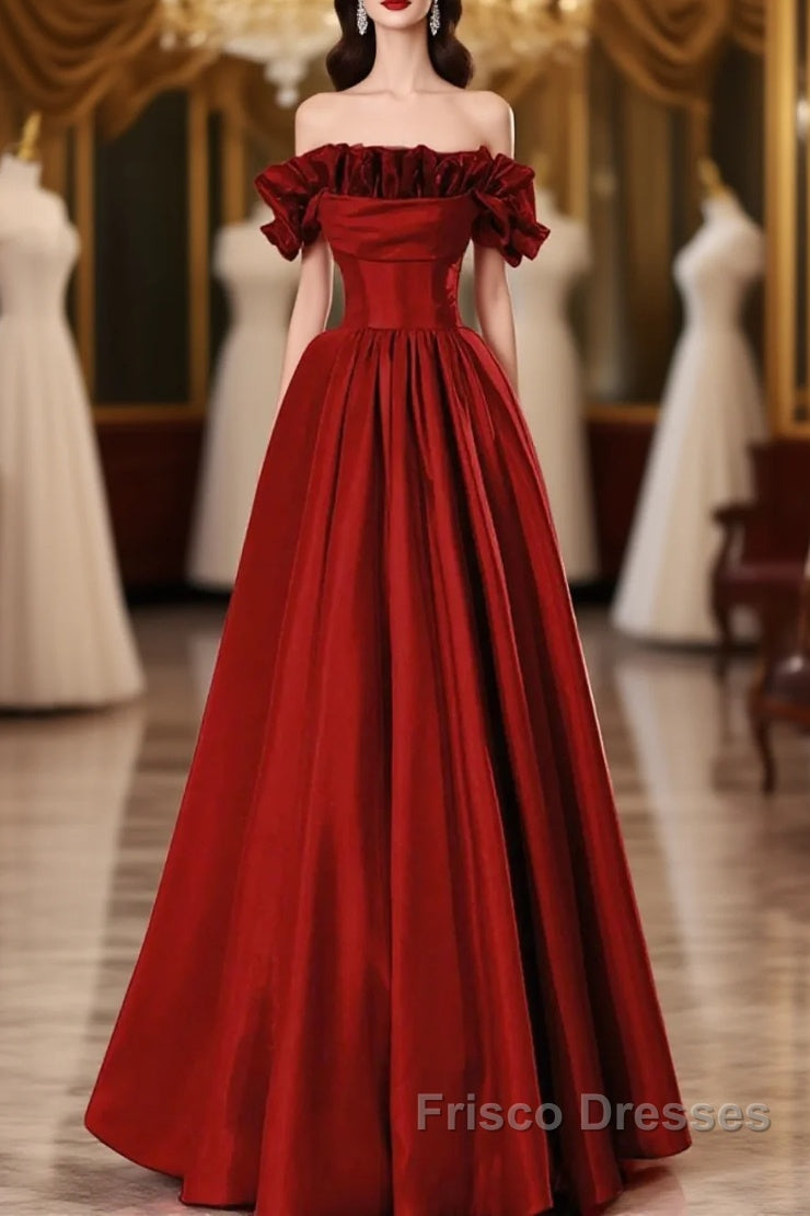 Wine Red Satin Long Formal Prom Dress Party Dress, Wine Red A-Line Long Wedding Party Dress