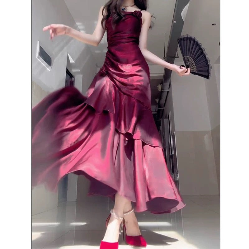 Wine Red Satin Long Straps Prom Dress Wine Red A-Line Party Dress Secondary image