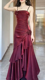 Wine Red Satin Long Straps Prom Dress Wine Red A-Line Party Dress