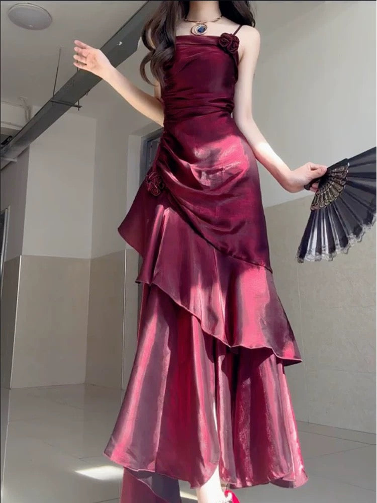 Wine Red Satin Long Straps Prom Dress Wine Red A-Line Party Dress