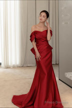 Wine Red Satin Mermaid Long Party Dress With Bow, Wine Red Off Shoulder Prom Dress