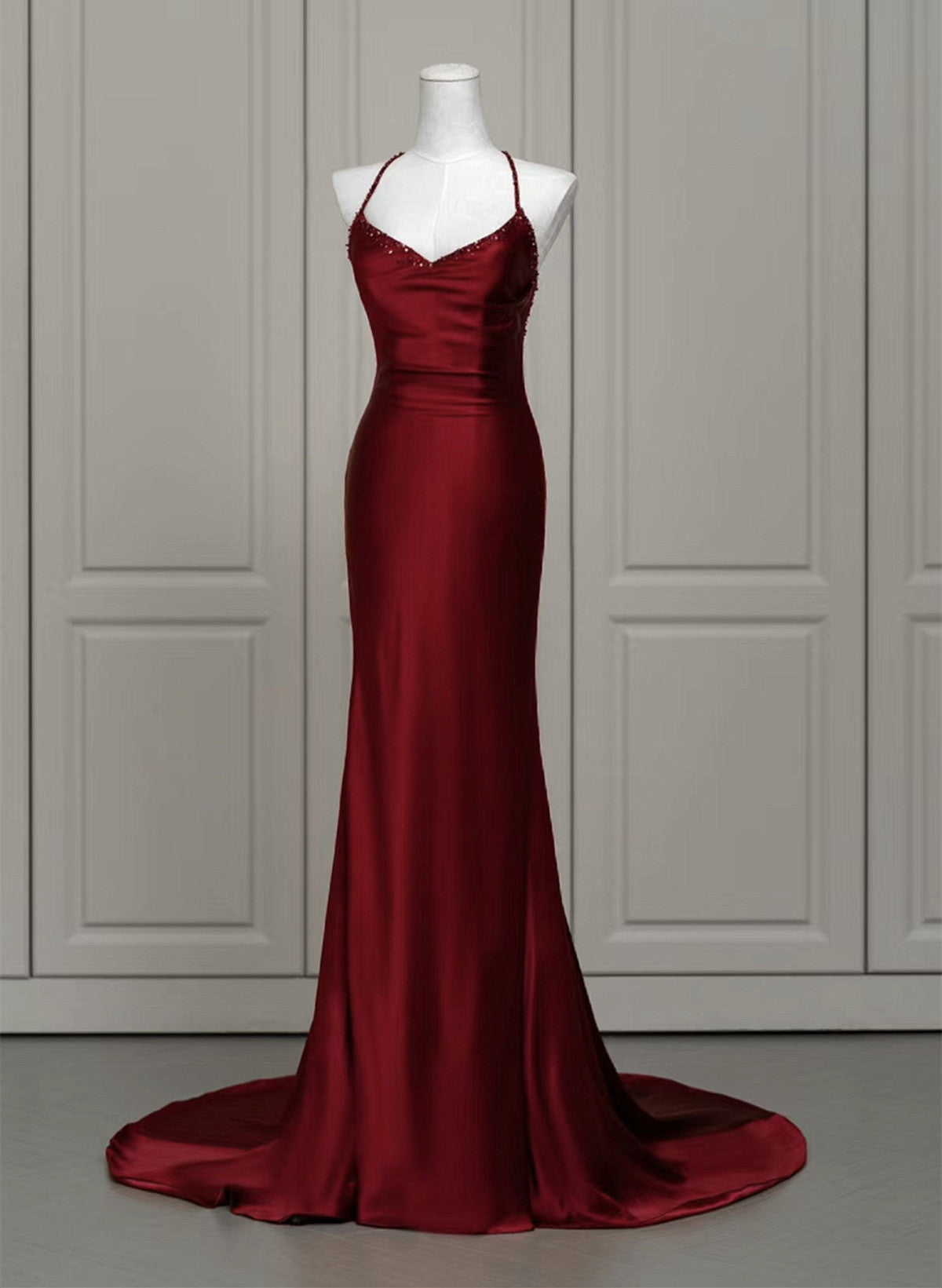 Wine Red Satin Mermaid Straps Low Back Prom Dress, Wine Red Evening Dress Main image
