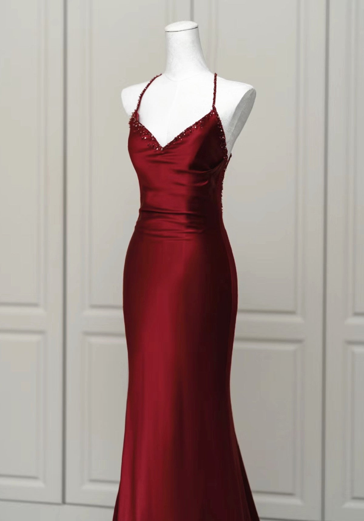 Wine Red Satin Mermaid Straps Low Back Prom Dress, Wine Red Evening Dress Secondary image