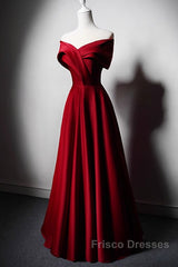 Wine Red Satin Off Shoulder A-Line Party Dress, Wine Red Long Formal Dress Formal Prom Dress