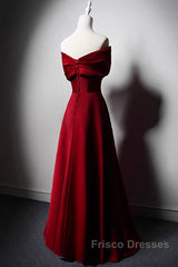 Wine Red Satin Off Shoulder A-Line Party Dress, Wine Red Long Formal Dress Formal Prom Dress