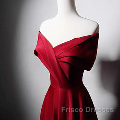 Wine Red Satin Off Shoulder A-Line Party Dress, Wine Red Long Formal Dress Formal Prom Dress