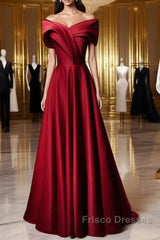 Wine Red Satin Off Shoulder A-Line Party Dress, Wine Red Long Formal Dress Formal Prom Dress