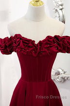 Wine Red Satin Off Shoulder Beaded Long Formal Dress, Wine Red A-Line Formal Prom Dress