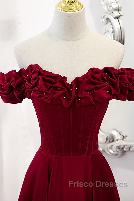 Wine Red Satin Off Shoulder Beaded Long Formal Dress, Wine Red A-Line Formal Prom Dress
