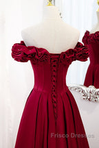 Wine Red Satin Off Shoulder Beaded Long Formal Dress, Wine Red A-Line Formal Prom Dress