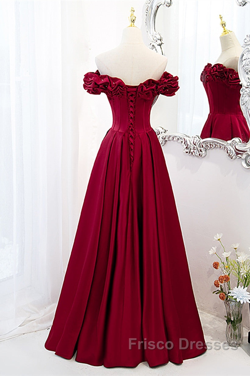 Wine Red Satin Off Shoulder Beaded Long Formal Dress, Wine Red A-Line Formal Prom Dress