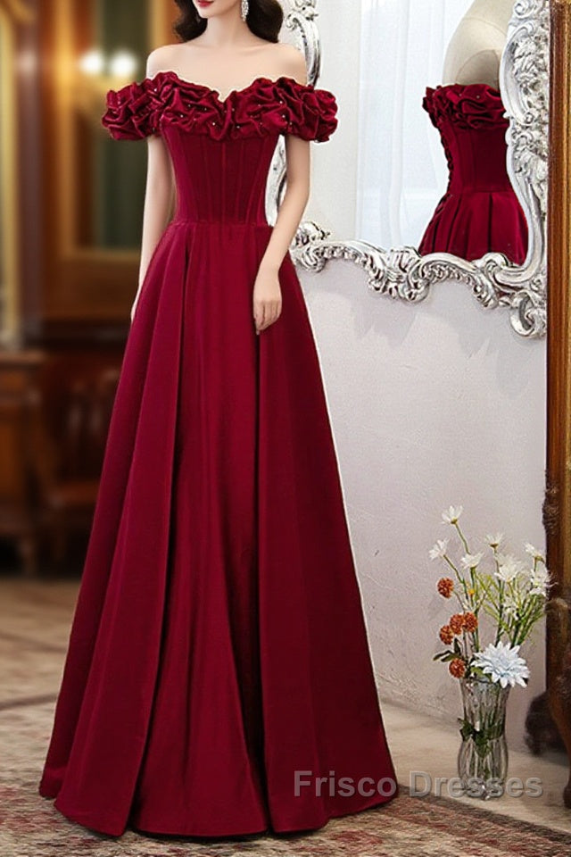 Wine Red Satin Off Shoulder Beaded Long Formal Dress, Wine Red A-Line Formal Prom Dress Main image