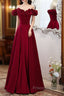 Wine Red Satin Off Shoulder Beaded Long Formal Dress, Wine Red A-Line Formal Prom Dress