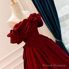 Wine Red Satin Off Shoulder Chic Long Party Dress, Wine Red Sweetheart Prom Dress