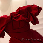 Wine Red Satin Off Shoulder Chic Long Party Dress, Wine Red Sweetheart Formal Prom Dress