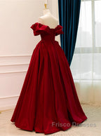 Wine Red Satin Off Shoulder Chic Long Party Dress, Wine Red Sweetheart Formal Prom Dress