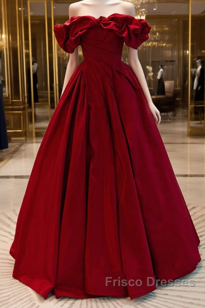 Wine Red Satin Off Shoulder Chic Long Party Dress, Wine Red Sweetheart Formal Prom Dress Main image