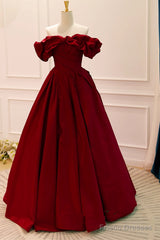 Wine Red Satin Off Shoulder Chic Long Party Dress, Wine Red Sweetheart Prom Dress
