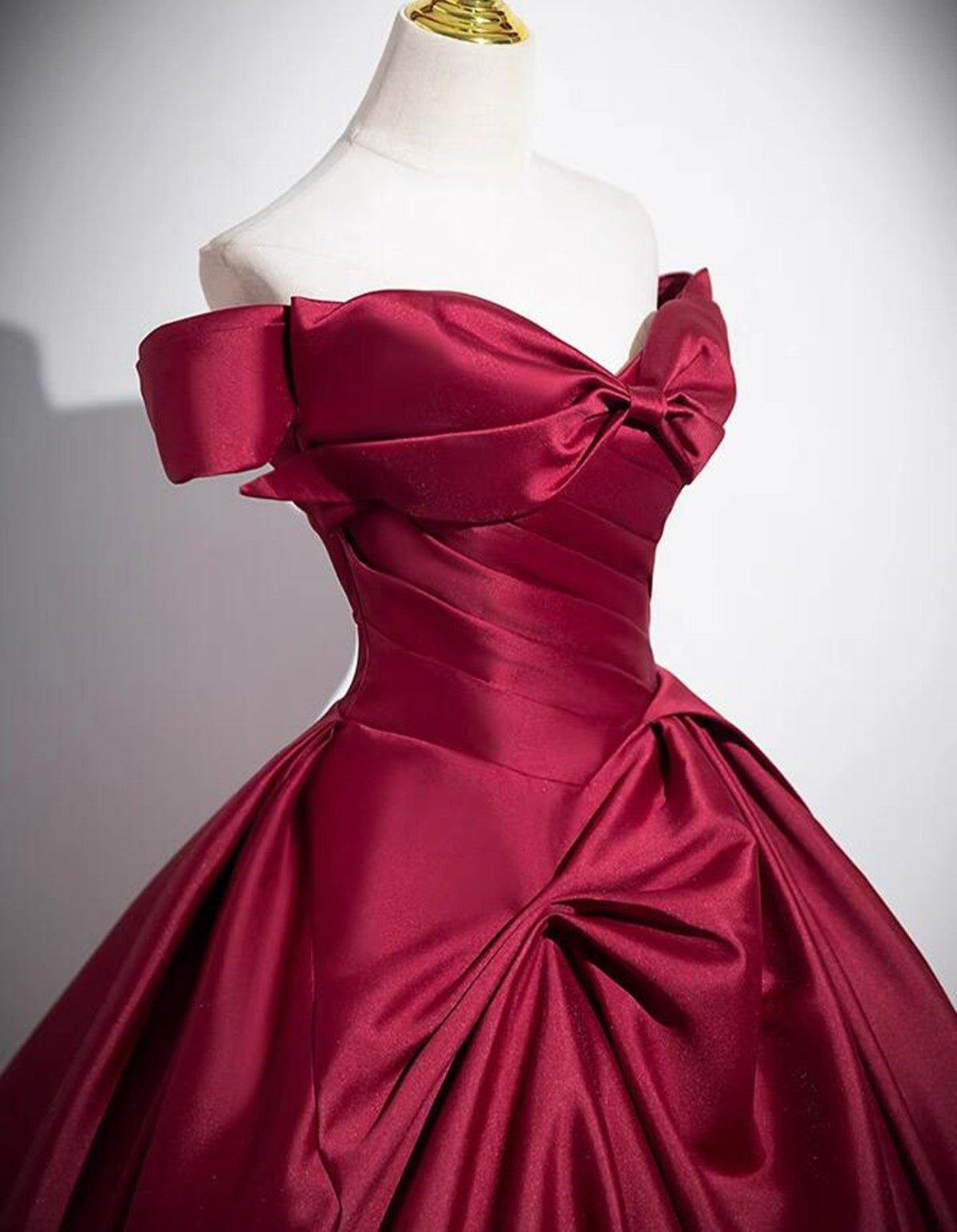 Wine Red Satin Off Shoulder Floor Length Party Dress, Wine Red Long Prom Dress Secondary image