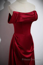 Wine Red Satin Off Shoulder Long Party Dress, A-Line Satin Formal Prom Dress