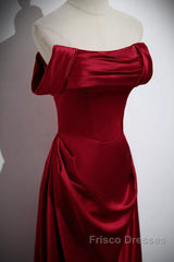 Wine Red Satin Off Shoulder Long Party Dress, A-Line Satin Formal Prom Dress