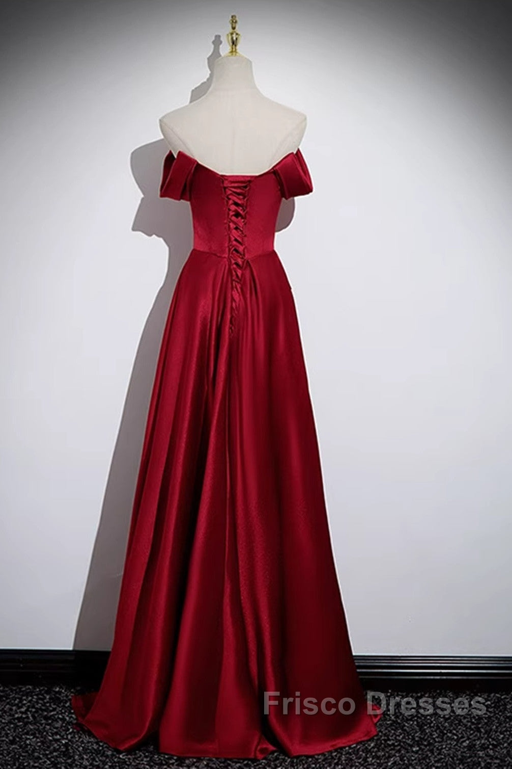 Wine Red Satin Off Shoulder Long Party Dress, A-Line Satin Formal Prom Dress