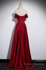 Wine Red Satin Off Shoulder Long Party Dress, A-Line Satin Formal Prom Dress