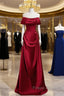 Wine Red Satin Off Shoulder Long Party Dress, A-Line Satin Formal Prom Dress