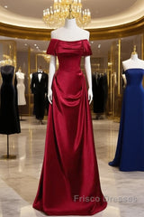 Wine Red Satin Off Shoulder Long Party Dress, A-Line Satin Formal Prom Dress