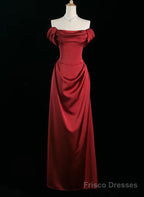 Wine Red Satin Off Shoulder Long Party Dress, Wine Red Satin Prom Dress