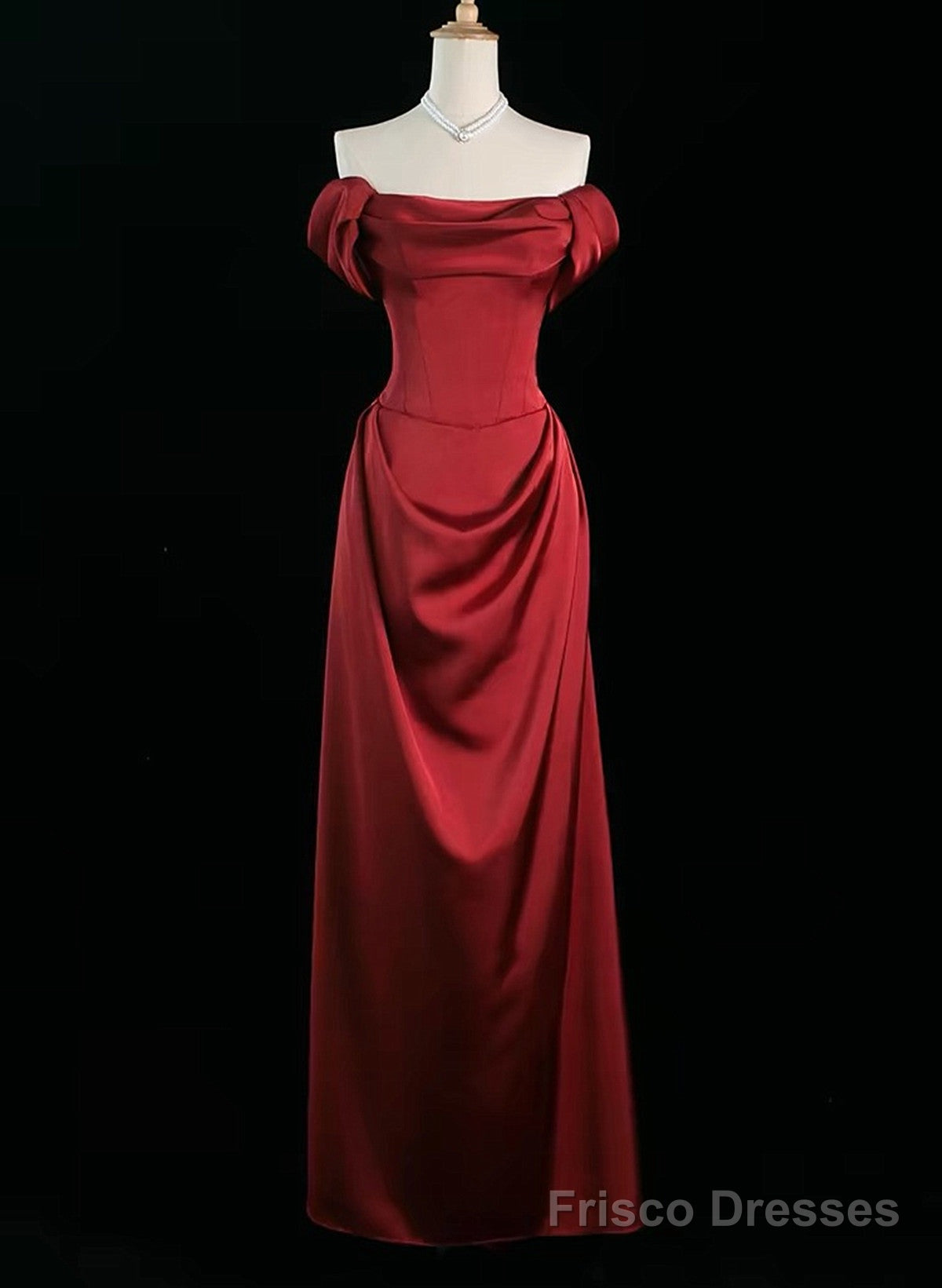 Wine Red Satin Off Shoulder Long Party Dress, Wine Red Satin Prom Dress