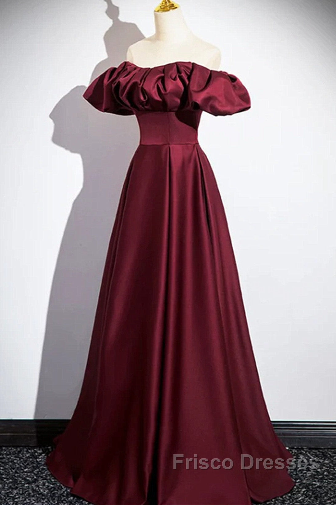 Wine Red Satin Off Shoulder Long Party Dress, Wine Red Satin Formal Prom Dress Secondary image