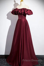 Wine Red Satin Off Shoulder Long Party Dress, Wine Red Satin Formal Prom Dress