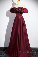 Wine Red Satin Off Shoulder Long Party Dress, Wine Red Satin Formal Prom Dress