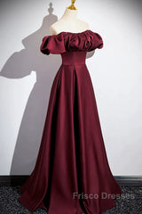 Wine Red Satin Off Shoulder Long Party Dress, Wine Red Satin Formal Prom Dress
