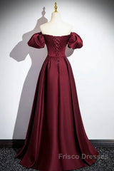 Wine Red Satin Off Shoulder Long Party Dress, Wine Red Satin Formal Prom Dress