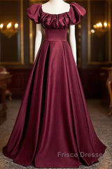 Wine Red Satin Off Shoulder Long Party Dress, Wine Red Satin Formal Prom Dress