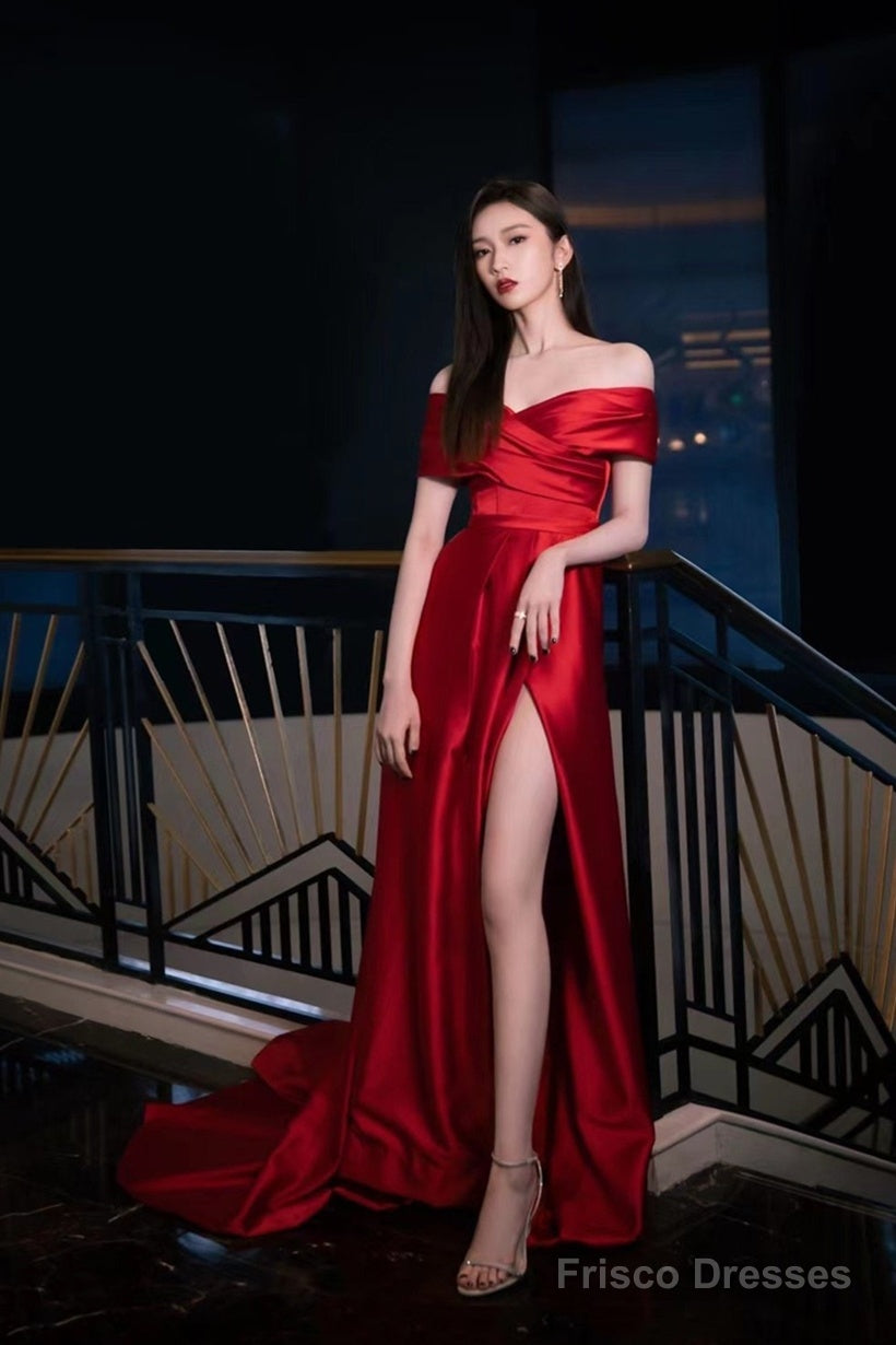 Wine Red Satin Off Shoulder Long Party Dress With Leg Slit, Wine Red Long Prom Dress