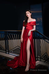 Wine Red Satin Off Shoulder Long Party Dress With Leg Slit, Wine Red Long Prom Dress