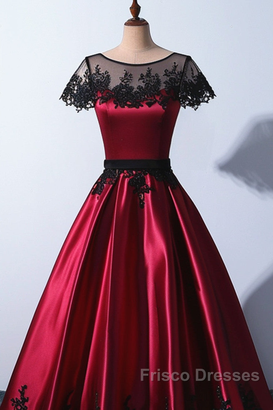 Wine Red Satin Round Neckline With Black Lace Party Dress, Wine Red Formal Prom Dress Secondary image