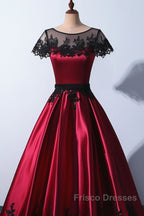 Wine Red Satin Round Neckline With Black Lace Party Dress, Wine Red Formal Prom Dress
