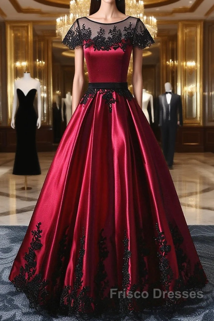 Wine Red Satin Round Neckline With Black Lace Party Dress, Wine Red Formal Prom Dress Main image