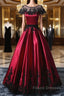 Wine Red Satin Round Neckline With Black Lace Party Dress, Wine Red Formal Prom Dress