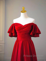 Wine Red Satin Short Sleeves Long Party Dress, Wine Red Satin Formal Prom Dress