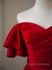 Wine Red Satin Short Sleeves Long Party Dress, Wine Red Satin Formal Prom Dress