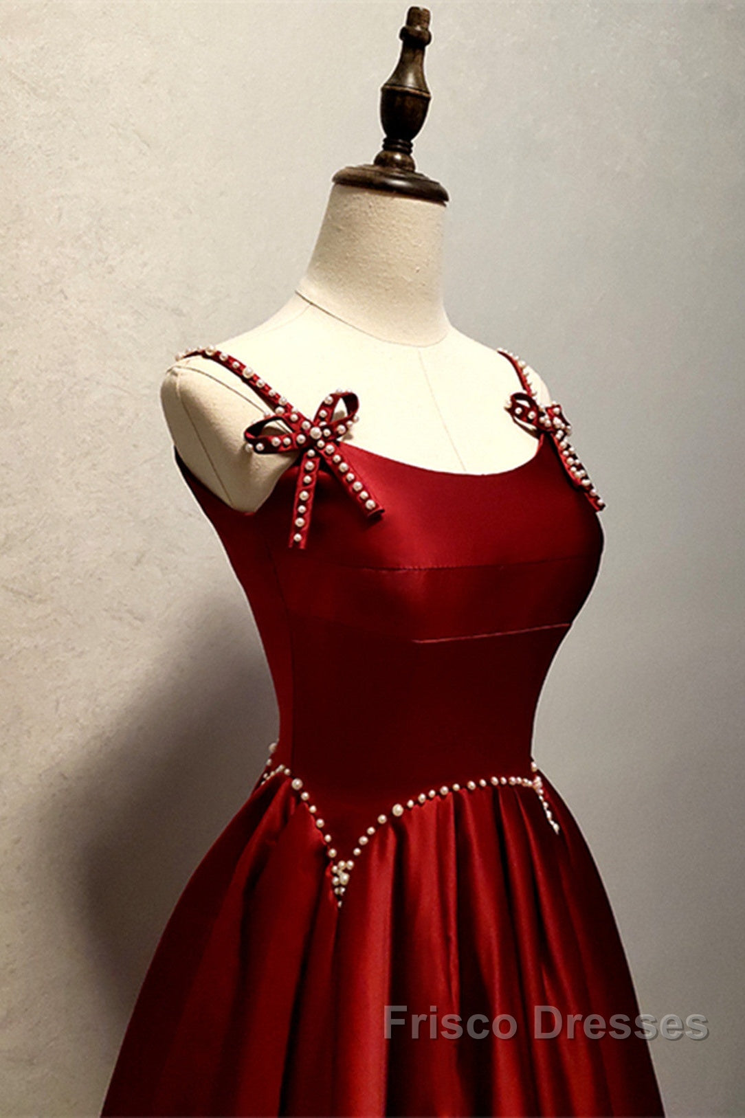 Wine Red Satin Straps Beaded Long Party Dress, Wine Red A-Line Formal Prom Dress Secondary image