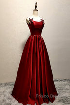Wine Red Satin Straps Beaded Long Party Dress, Wine Red A-Line Formal Prom Dress